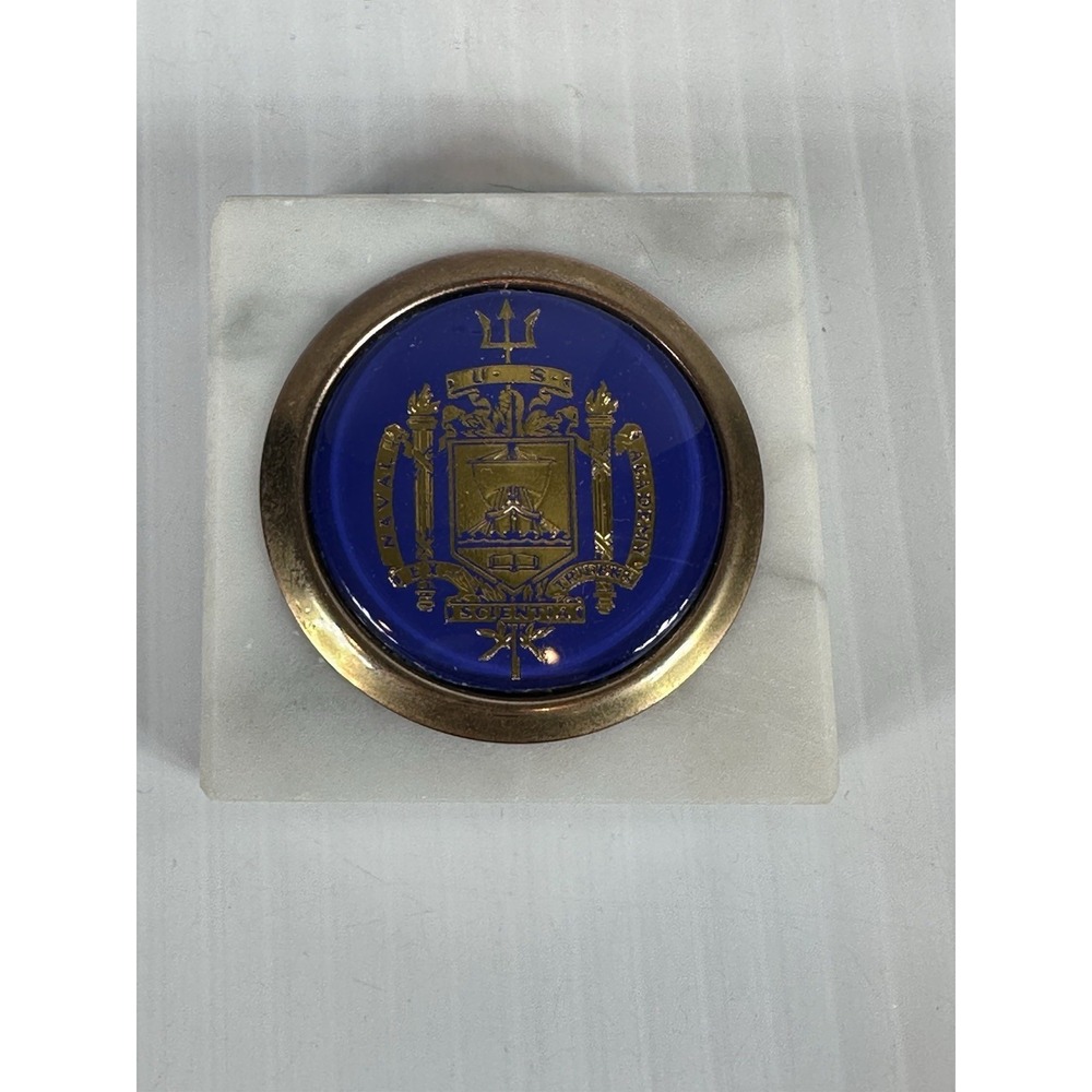 Vintage US Naval Academy Italian White Marble Paperweight Military